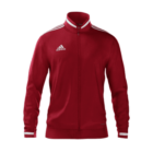 A red Adidas track jacket with white stripes on the shoulders and sleeves. The jacket features a full zip and the Adidas logo on the chest. The cuffs and collar have white detailing.