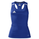 Blue sleeveless sports tank top with white logo and stripe details on the front, featuring a racerback design.