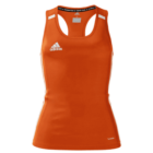 Bright orange sleeveless athletic top with a racerback design. Features a small white logo on the right chest and subtle lines of ventilation fabric on the shoulders. Made from lightweight, breathable material.