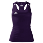 A purple Adidas womens athletic tank top with a racerback design, featuring white Adidas logo on the left chest and white stripes on the shoulders.