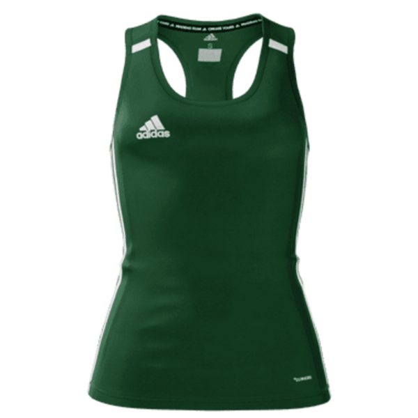 A green Adidas tank top featuring the Adidas logo on the chest. It has a racerback design and white detailing on the shoulders and sides.