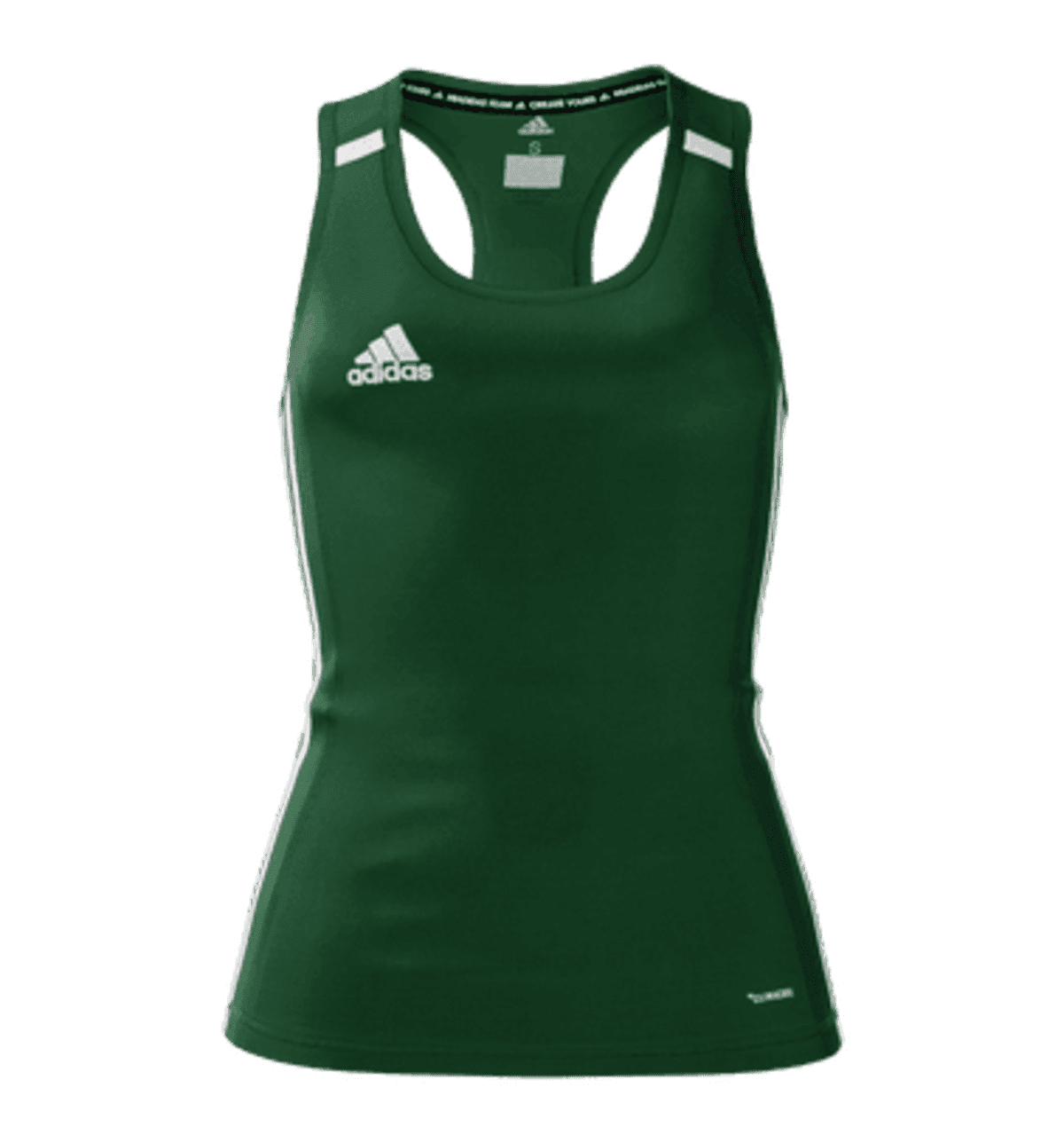 A green Adidas tank top featuring the Adidas logo on the chest. It has a racerback design and white detailing on the shoulders and sides.