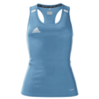 Blue sleeveless athletic tank top with racerback design and white Adidas logo on the front.