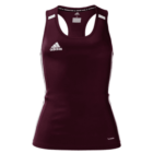 Maroon Adidas sports tank top with white shoulder accents and side stripes. Features a racerback design and the Adidas logo on the front.