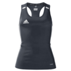 A navy blue Adidas athletic tank top with white accents and the brands logo on the chest. The sleeveless design features a racerback style, suitable for sports or casual wear.