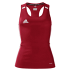 A red Adidas tank top with a racerback design. The Adidas logo is printed in white on the left chest. The tank top has white trim on the shoulder straps and is tailored for a fitted look.
