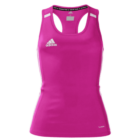 A pink Adidas tank top featuring a sleeveless racerback design. The Adidas logo is visible on the front, and there is a tag at the neck.