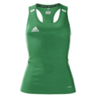 A sleeveless green athletic top with a racerback design, featuring a white Adidas logo on the left chest and small white stripes near the shoulder seams.