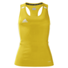 A yellow athletic tank top with racerback design featuring the Adidas logo on the front.