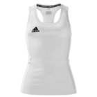 White sleeveless Adidas tank top with the brands black logo on the upper left side. The design is simple and form-fitting, with a racerback style.