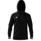 Black hooded sweatshirt with a small white Adidas logo on the chest and three white stripes on each shoulder. The hoodie has long sleeves and a drawstring at the neck. The background is transparent.