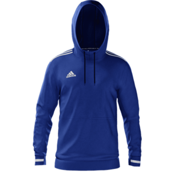 A blue hoodie with long sleeves and a front pocket. It features a white logo on the left chest and white stripes along the shoulders and sleeves. The hood has black drawstrings. The design is simple and sporty.