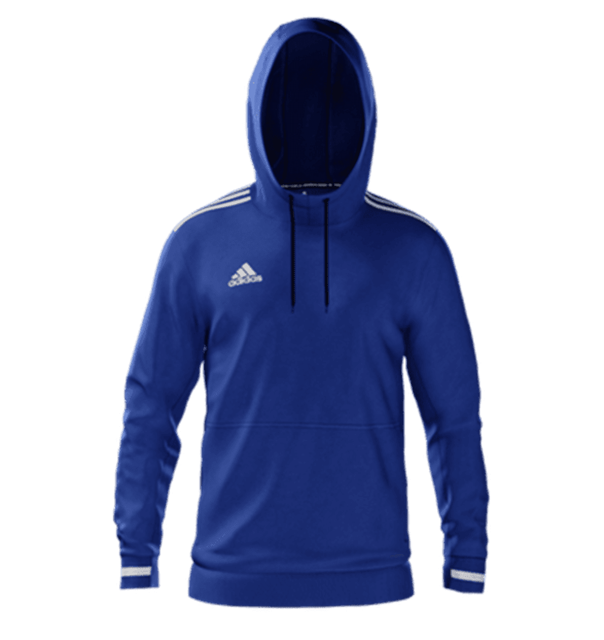 A blue hoodie with long sleeves and a front pocket. It features a white logo on the left chest and white stripes along the shoulders and sleeves. The hood has black drawstrings. The design is simple and sporty.