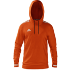 Orange hooded sweatshirt with white stripes on the shoulders and a small white logo on the chest. The design is simple and sporty, featuring a drawstring for the hood.