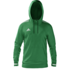 A green Adidas hoodie with white stripes on the shoulders and a drawstring hood. The Adidas logo is on the chest. The hoodie is displayed on a plain background.