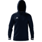 A black Adidas hoodie with white stripes on the shoulders and sleeves, featuring the Adidas logo on the front. The hoodie has a drawstring hood and appears to be made of a sporty, comfortable material.