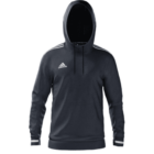A dark gray Adidas hoodie featuring a hood and white stripes on the shoulders and cuffs. The Adidas logo is visible on the left chest area. The hoodie has a relaxed fit and appears to be made from a soft, comfortable fabric.