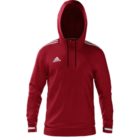 A red Adidas hoodie with a drawstring hood and white stripes on the shoulders. It features the Adidas logo on the chest and has long sleeves with white accents on the cuffs. The background is transparent.