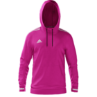 A bright pink hoodie with white stripes on the shoulders and a logo on the chest. The hoodie features an adjustable drawstring hood and long sleeves.