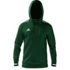 A green Adidas hoodie with a front logo, white stripes on the shoulders, and a drawstring hood, displayed against a white background.