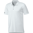 A white short-sleeve polo shirt with a collar and three buttons. The Adidas logo is visible on the left sleeve. The fabric appears smooth and lightweight.