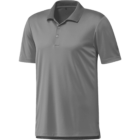 A gray, short-sleeved polo shirt with a collar and a three-button placket, displayed against a plain white background.