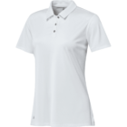 A white womens polo shirt with short sleeves and a collar, featuring a three-button placket. The shirt is displayed on a plain background.