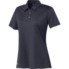 A dark gray womens polo shirt with short sleeves and a small collar. The shirt has a simple, classic design with three buttons on the placket.