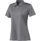 Gray short-sleeve womens polo shirt with a collar and three buttons down the front. The fabric appears smooth and lightweight. The shirt is displayed against a plain white background.