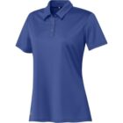 A blue short-sleeve polo shirt with a classic collar and three buttons, displayed against a white background.