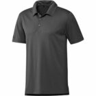A plain dark gray polo shirt with a three-button placket and short sleeves. The shirt has a subtle logo on the left sleeve. The fabric appears smooth and slightly shiny.