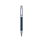 A sleek, modern ballpoint pen with a dark blue textured barrel and silver accents on the tip, clip, and top. The pen is centered on a plain white background.
