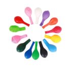 A circle of twelve deflated balloons in various colors, including red, pink, white, purple, orange, yellow, blue, green, and black, arranged on a white background.