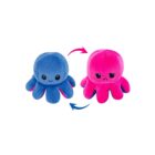 Two plush octopus toys on a white background. The left one is blue with a happy face, and the right one is pink with an angry face. Arrows indicate they can be flipped to show different emotions.