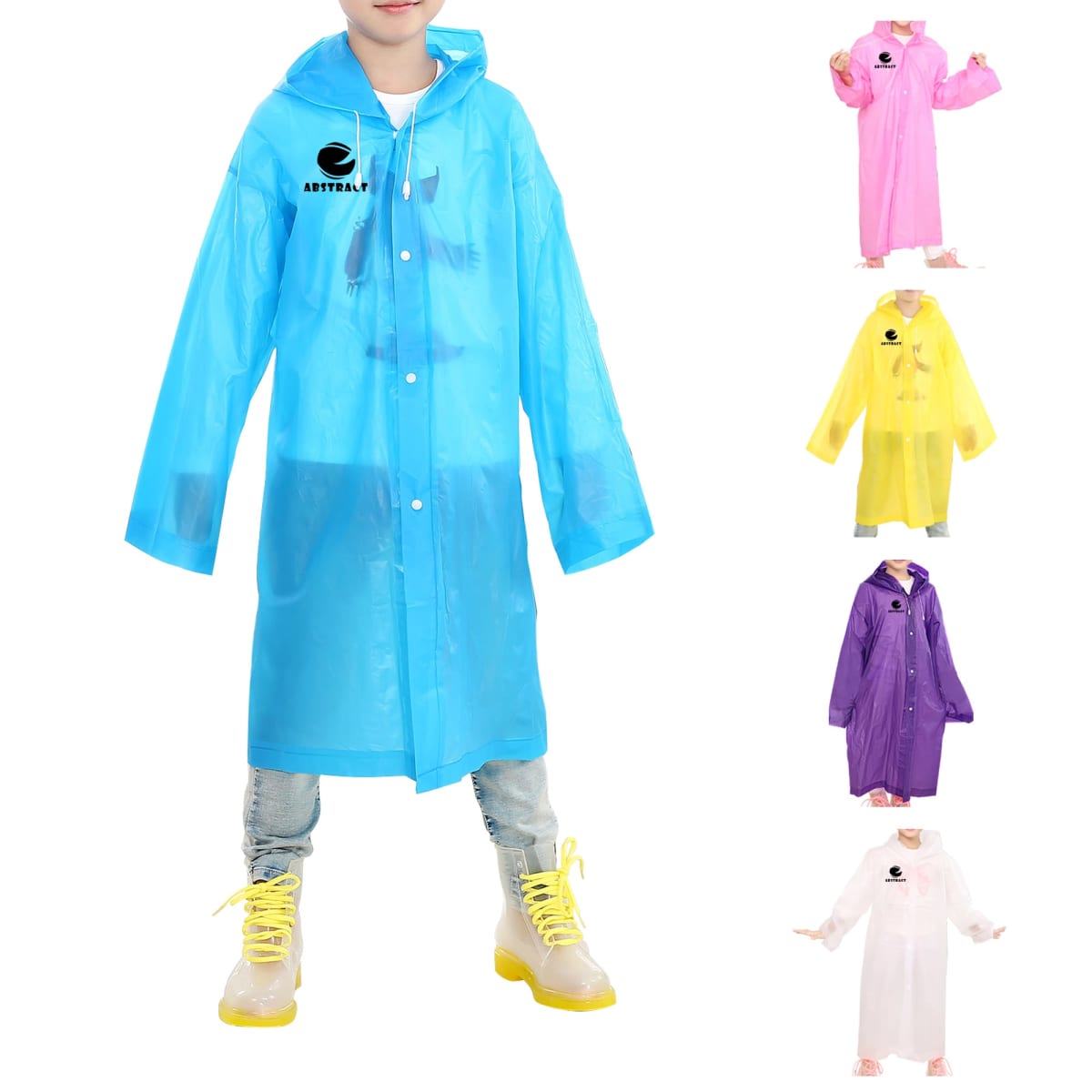 Child in blue raincoat; other coats in pink, yellow, purple, and white displayed beside.