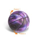 A basketball with a purple and black galaxy-like design featuring arrows labeled Position 1 and Position 2. The word TEAMS is visible on the ball.