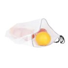 A white mesh produce bag partially open with a yellow-orange fruit, possibly an orange or grapefruit, visible outside. Inside, indistinct red and pink fruit are partially visible. The bag has a black drawstring.