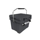 Gray insulated cooler box with a sturdy metal handle and black latches. The cooler has the word BEERS written in white on its side. The design appears rugged and durable.