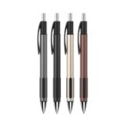 Four ballpoint pens in black, gray, beige, and brown are lined up vertically. Each pen features a black clip and grip, with a metallic clicker at the top.