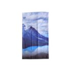 A neck gaiter featuring a scenic mountain landscape with a snowy peak and a calm blue lake. The image includes a UPF 50+ label in the top left corner, indicating sun protection.