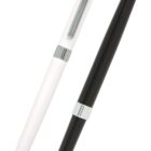 A black stylus pen with a silver clip is alongside an identical white stylus pen. Both have a capacitive touch tip on one end and a ballpoint tip on the other.