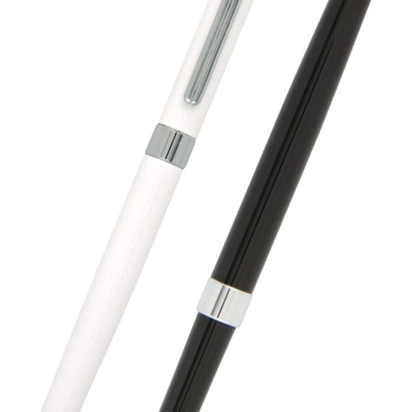 Two sleek pens are shown. One pen is white with a silver clip and black tip, and the other is black with silver accents. Both pens are positioned parallel to each other against a white background.
