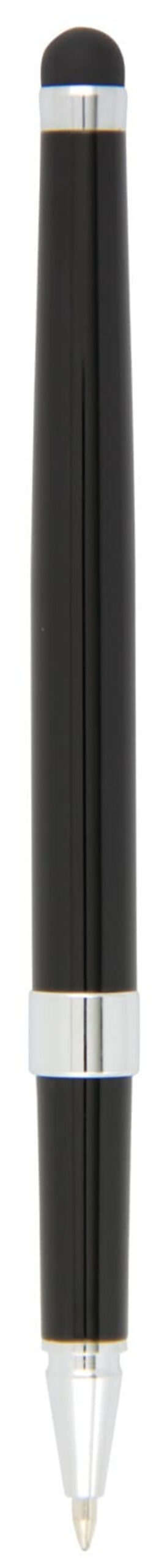 A sleek black pen with a silver clip and tip, designed for precision writing. The pen has a glossy finish and a smooth, ergonomic grip for comfortable handling.