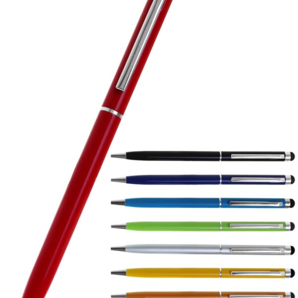 A set of twelve stylus pens, each with a silver clip and tip. The main pen is red and displayed vertically. The others are horizontally aligned in various colors: black, blue, green, light blue, orange, pink, purple, white, and yellow.