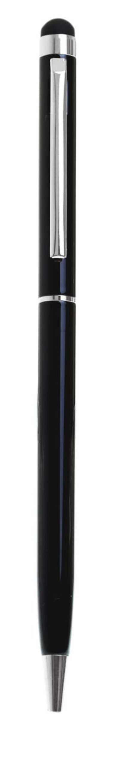 A sleek black pen with a silver clip and tip, standing vertically against a white background. The pen has a glossy finish and modern design.
