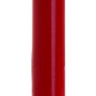 A red pen with a silver clip and a pointed metal tip, standing upright against a plain white background.
