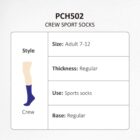 Illustration of crew sport socks, model PCH502. Details: Style - Crew, Size - Adult 7-12, Thickness - Regular, Use - Sports socks, Base - Regular. Image shows a sock reaching mid-calf in blue color.