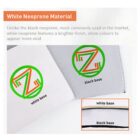 Image showing two squares of neoprene. The left has a white base, and the right has a black base. Each square displays a logo with a green circle and orange Z. Text notes that white neoprene offers a brighter finish, enhancing color vividness.