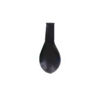 A deflated black balloon with a long neck on a plain white background.