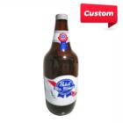 A large bottle of Pabst Blue Ribbon beer with a custom design on the label. The bottle is placed against a white background, and a red speech bubble with the word Custom is in the top right corner.